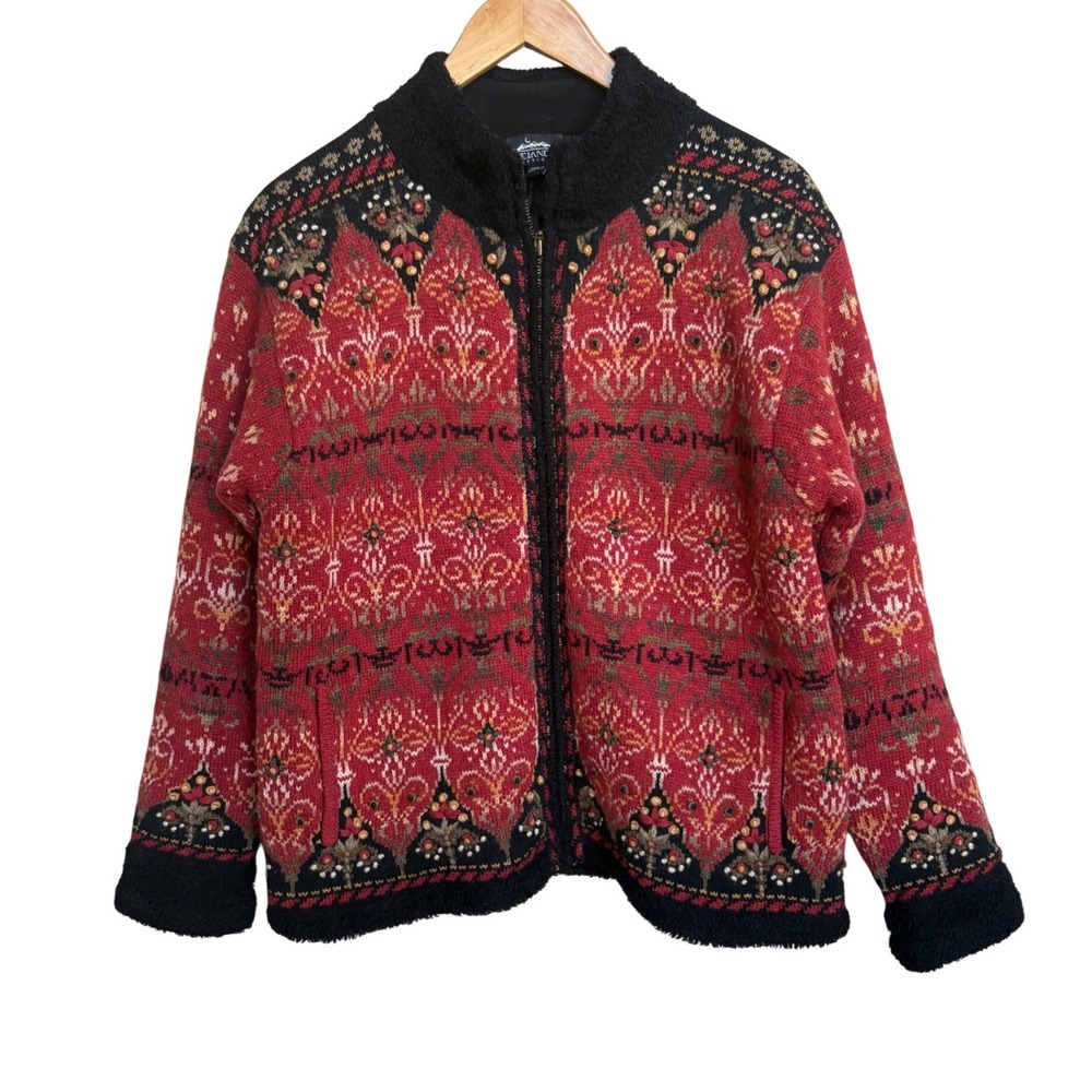 Icelandic Design Wool Blend Full Zip Cardigan Sweater Red Nordic Fair Isle M